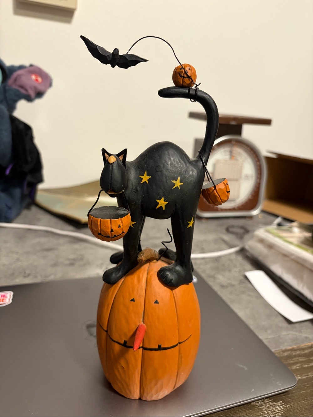 Black Cat on Pumpkin Halloween Figurine - Black & Orange Seasonal Decor